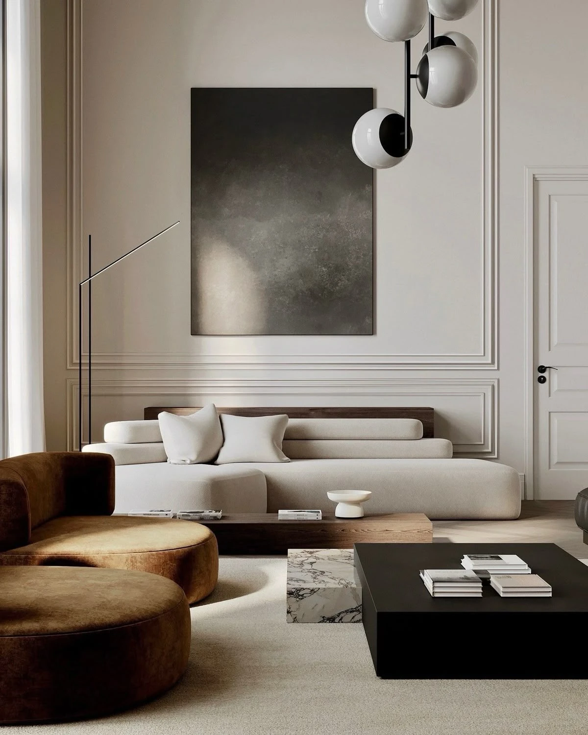 An ivory salon with sculptural seating, warm velvet and dark wood accents