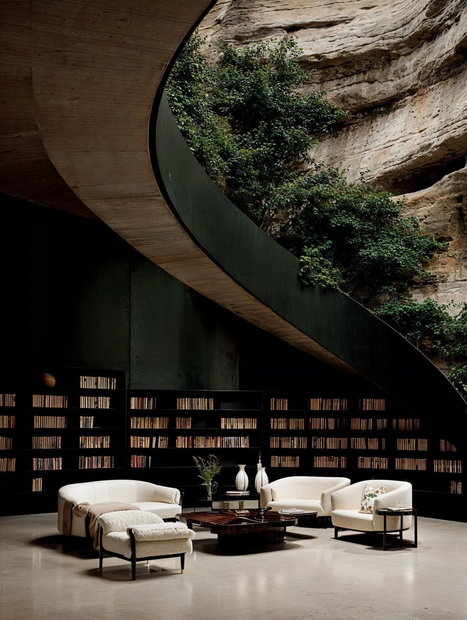 A sculptural library lounge with pale seating, dark shelves and a sweeping architectural curve